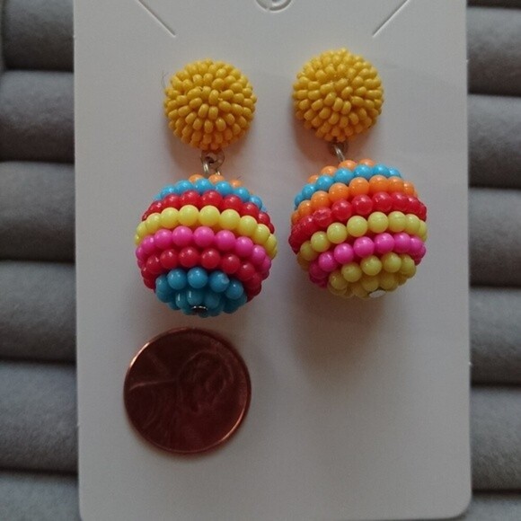 Seed Beaded Ball Drop Earrings - yellow/orange/blue yellow/orange/yellow - Picture 5 of 6